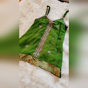 Anthopologie green bohemian top with velvet trim and beading
